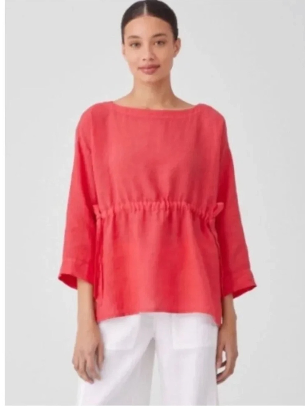 Eileen Fisher Organic Linen Blend Drawstring Top Coral/Orange Women's Small
